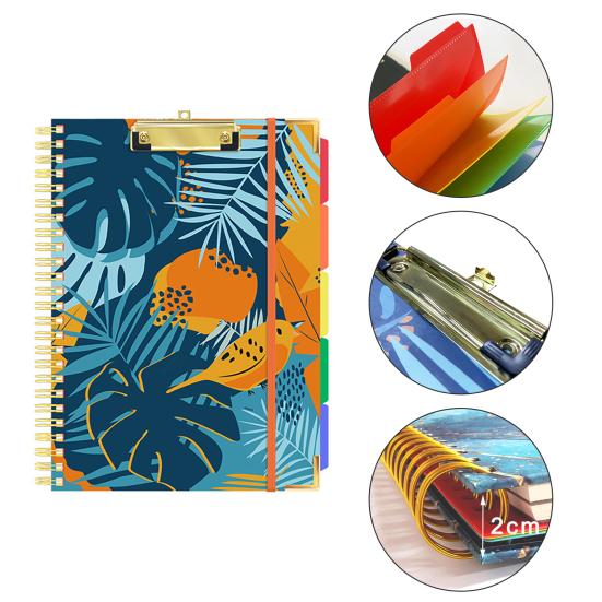 Clipboard Folio with Refillable Notepad Letter Size 5 Dividers Side Pockets Twin-wire Binding Elastic Band Colorful Label Index Spiral