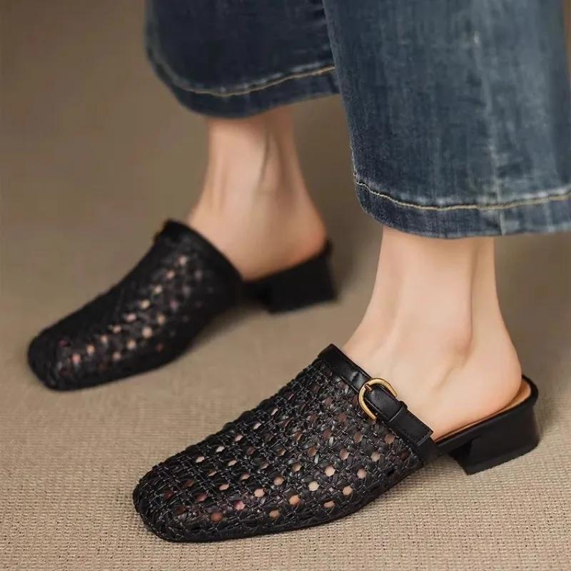 

2025 Mesh Hollow-out Breathable Wrapped-Head Slippers Summer New Round Toe Covered Foot Non-Slip Wear-Resistant 40 чёрный