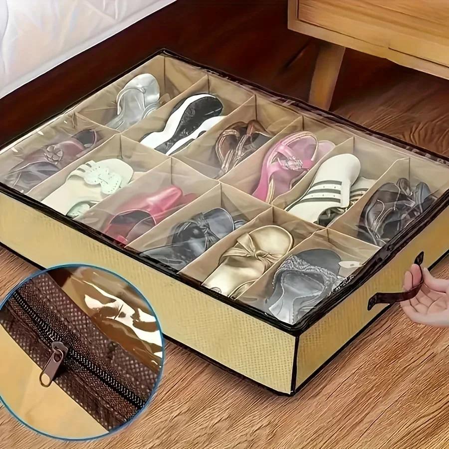 1 Stück Faltbarer 12-Fächer Schuhregal Organizer, Staubdichtes PVC-Gewebe Schrankaufbewahrung für Schuhe, Platzsparendes Schrank