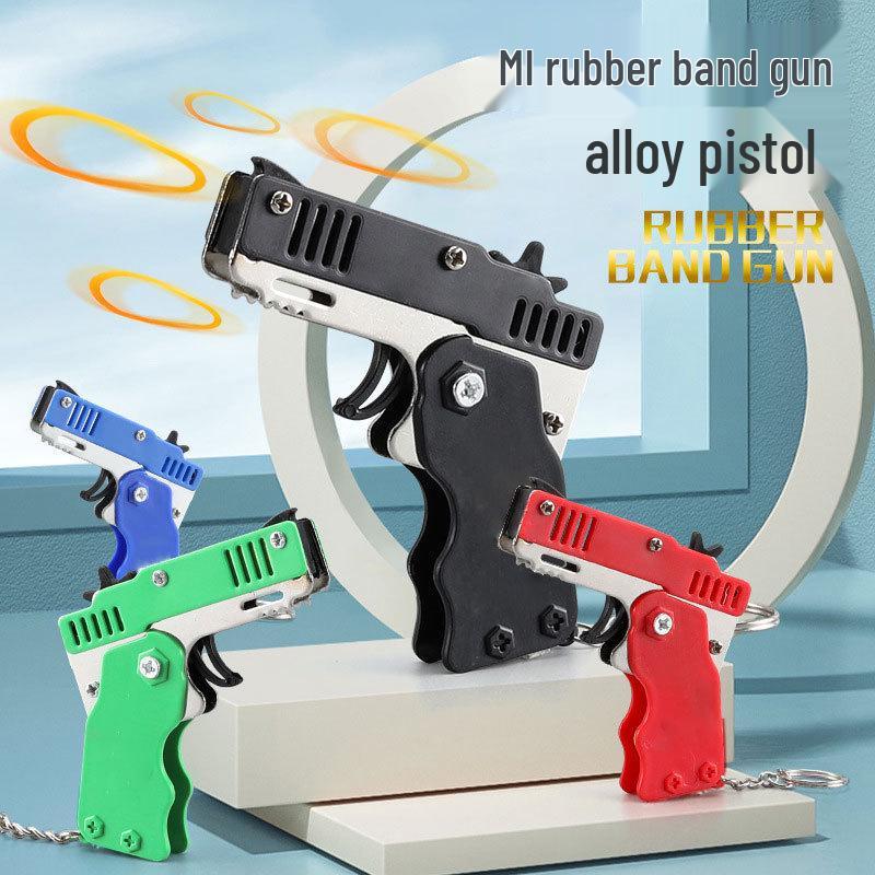 Folding Alloy Rubber Band Gun Toy Keychain for Kids