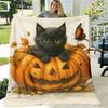 Warm And Inviting Black Cat And Pumpkin Flannel Throw, Featuring a Charming Jack-O'-Lantern Pattern Along with Autumn Leaves And Butterflies, Perfect