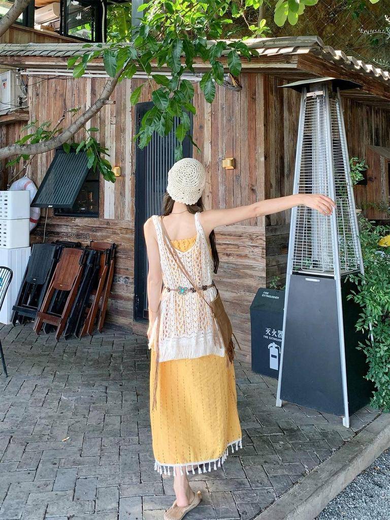 Bohemian Korean-Style Tassel Camisole Dress & Layered Lace Cover-Up Set for Women (Summer)