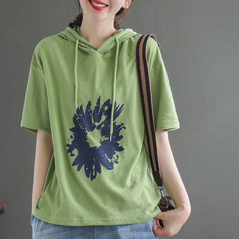 Fashion Cotton Printed Short Sleeve Hoodie Women Oversize Hooded Sweatshirt
