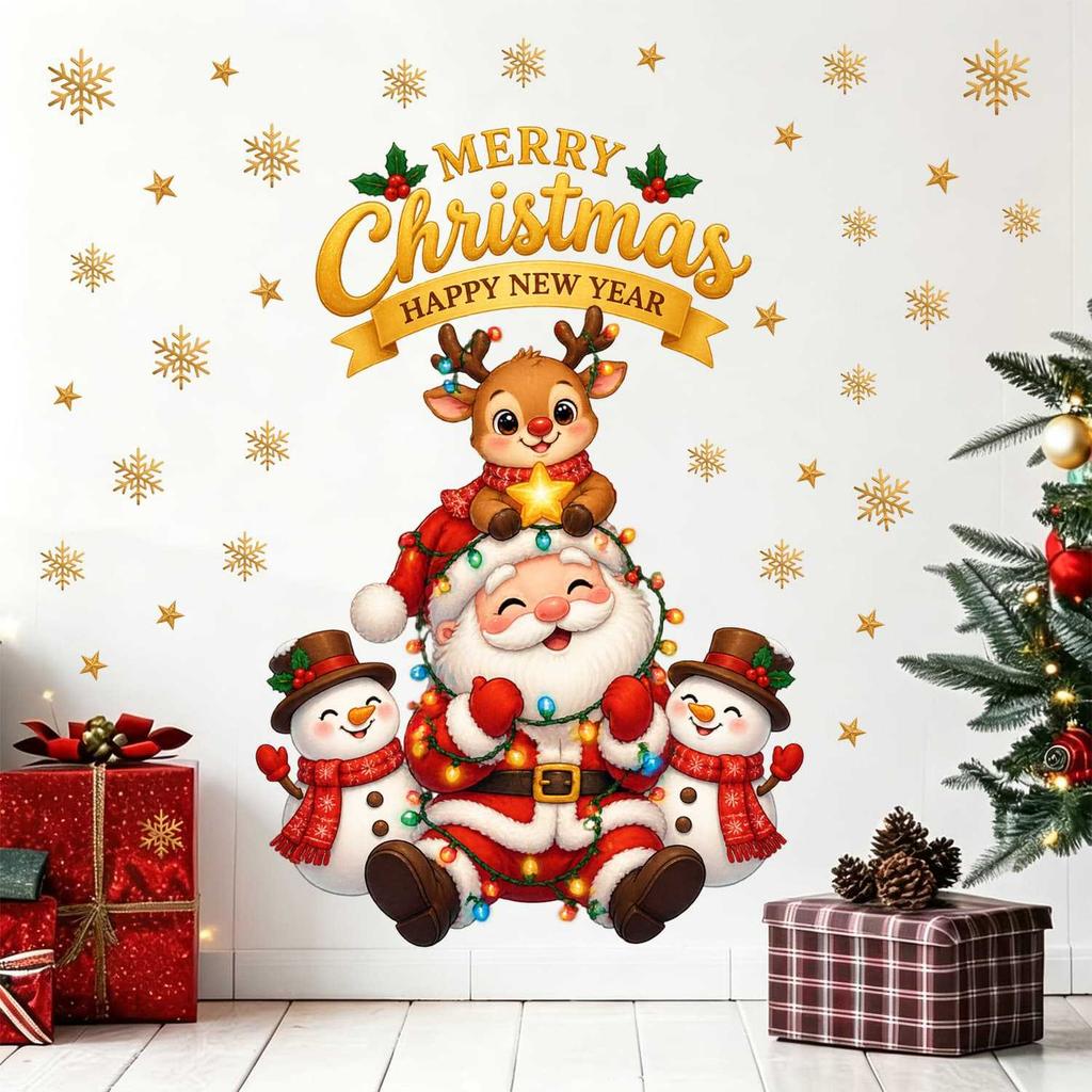 Cute Cartoon Santa Snowman Reindeer Christmas Wall Sticker Removable Bedroom Holiday Decor