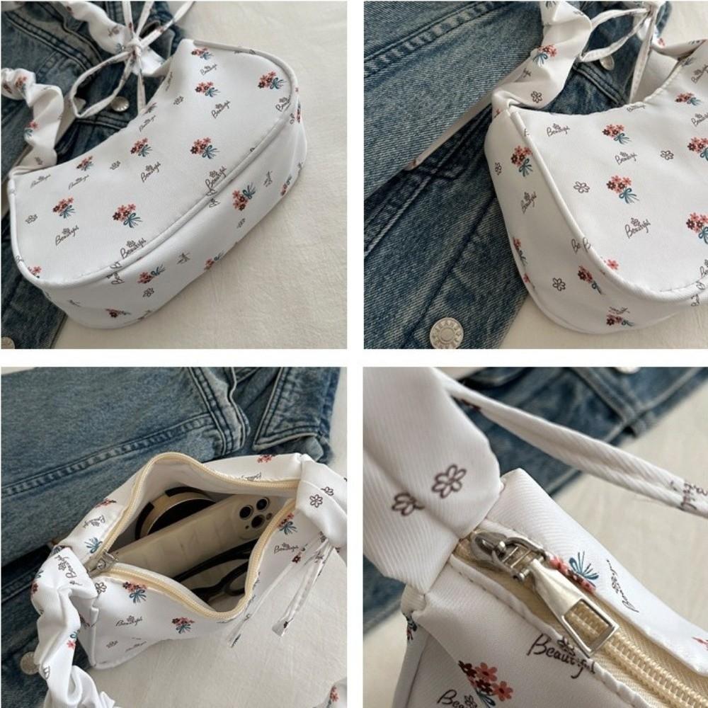 Sweet Flower Pleated Underarm Bag Nylon Large Capacity Floral Shoulder Bag Zipper Lightweight Girls Handbags Women