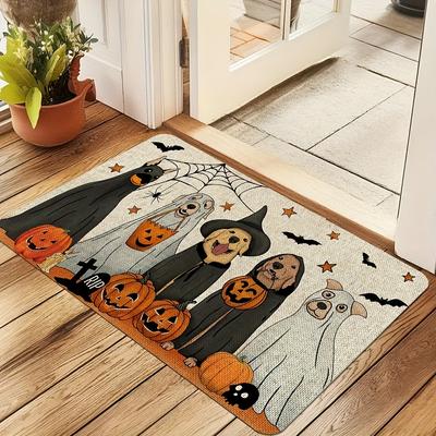 1pc Halloween Non-Slip Door Mat Spooky Dog Witch Mats with Pumpkins Bats Ghosts Carpet for Halloween Party Home Decoration Rugs