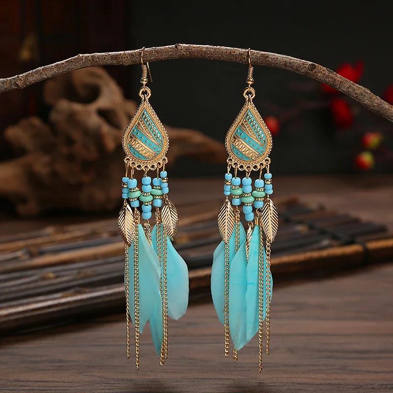 Bohemian Colorful Feather Tassel Earrings For Women Ethnic Beads Drop Statement Hanging Earrings Girls Fashion Jewelry Gift