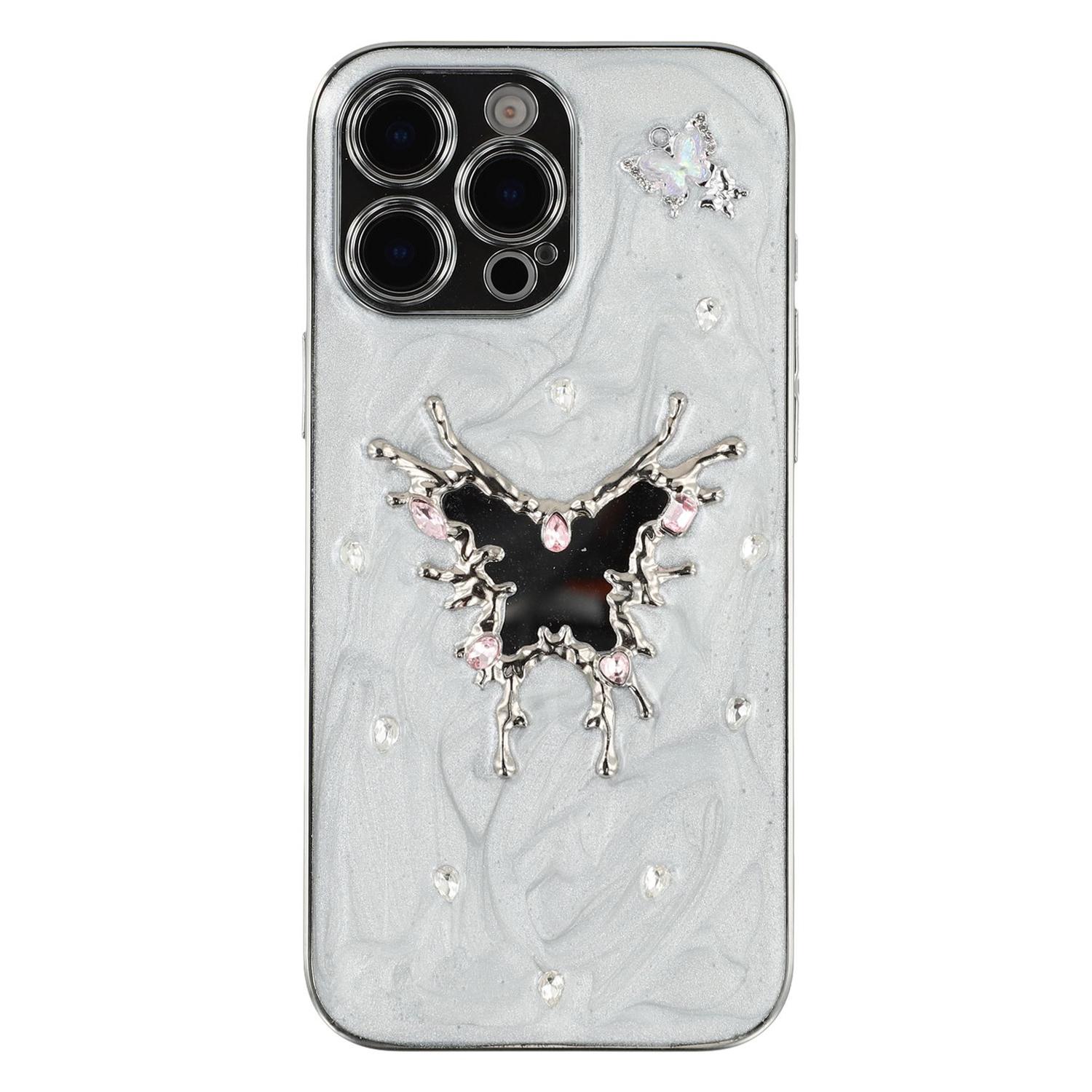 

For iPhone 16 Pro Max Case Electroplated Epoxy Metal Decor TPU+Acrylic Phone Cover Precise Cutouts Mirror Butterfly