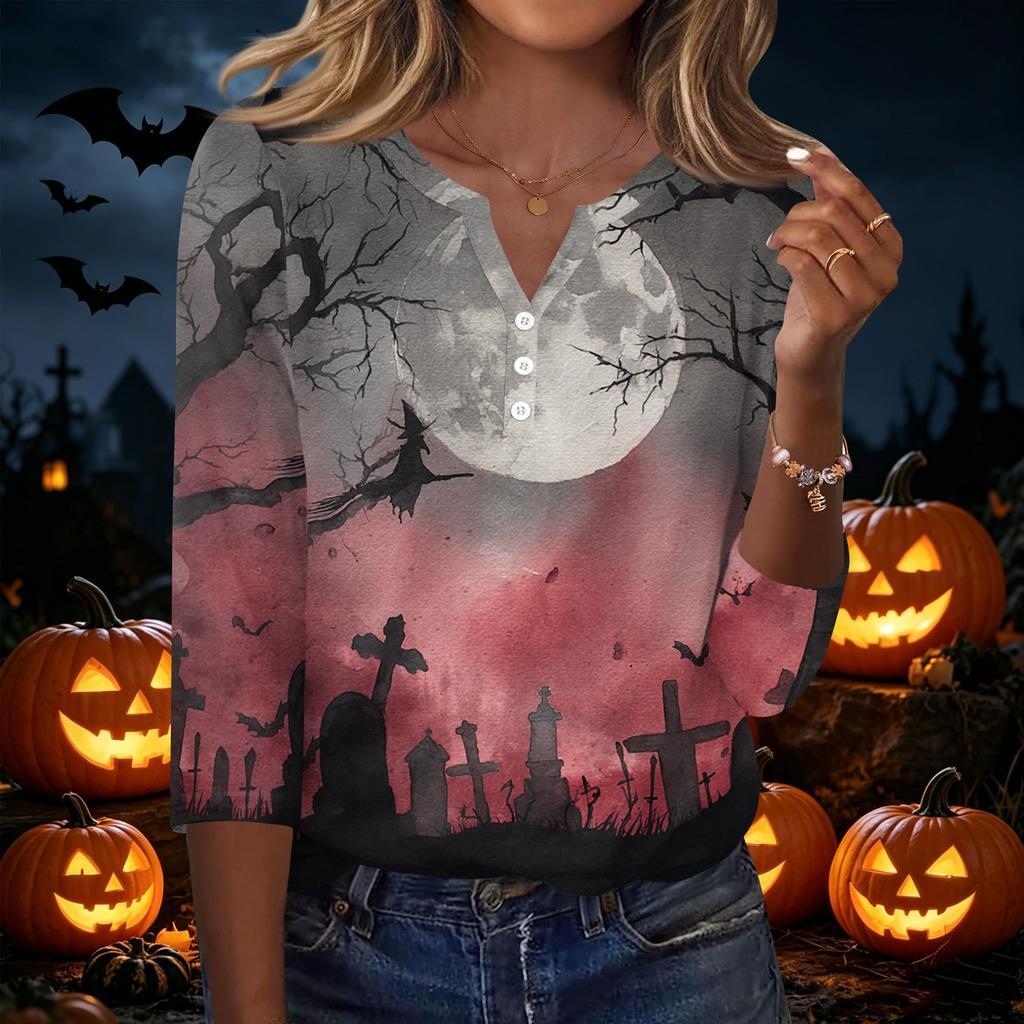 Women's Casual Halloween Print V Neck Button Front Three Quarter Sleeve T Shirt Top Lightweight Soft Fabric Comfortable Fit