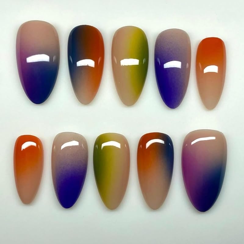 24Pcs Colorful Press on Nails Medium Almond Fake Nails Rainbow Smudge Stitching Acrylic Nails False Nails Mix-Color Ombre Full Cover Glue on Nails 3D-9