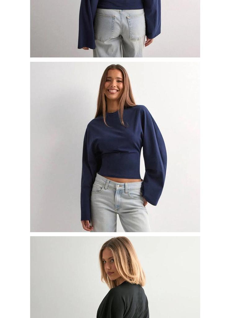 2026 Women's Solid Color Cinched Waist Long Sleeve Top - Fashionable Round Neck, Wide Sleeve.