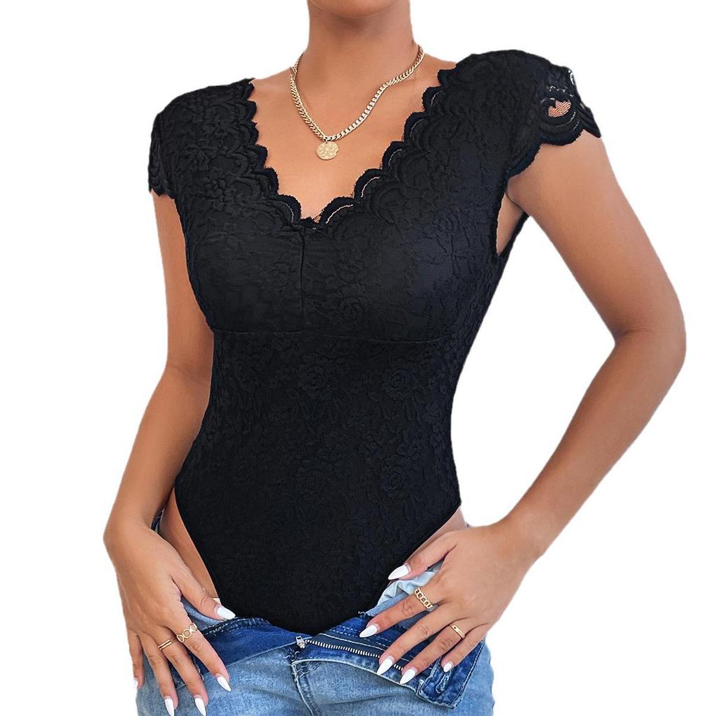 2025 Summer European & American Solid Lace-Trim Deep V Backless Bodysuit