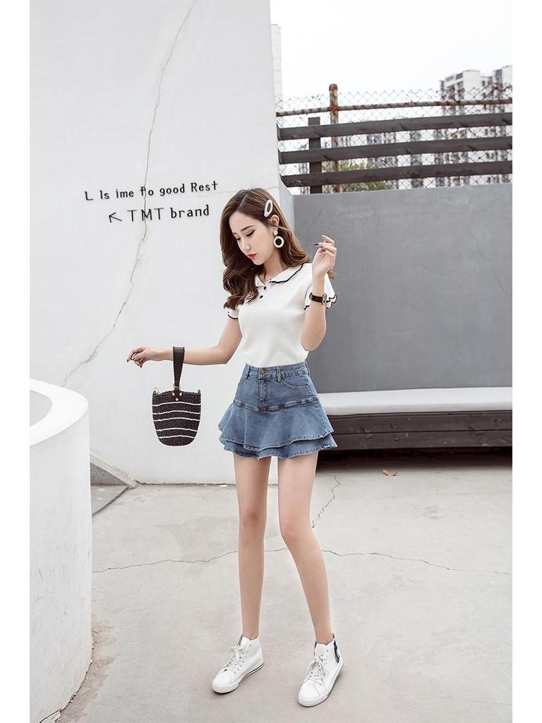 2023 Summer High-Waist Ruffled Denim Skirt Shorts for Petite Women: Sweet & Slimming