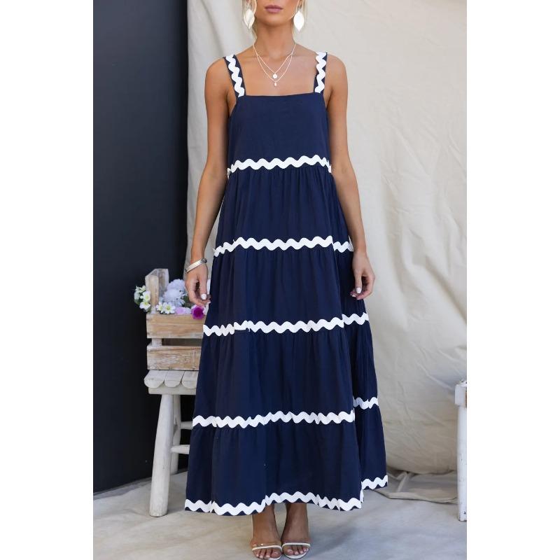 

VEZFAA Женская мода лето весна кружевной принт без рукавов подтяжки свободная талия повседневные платья XL темно-синий