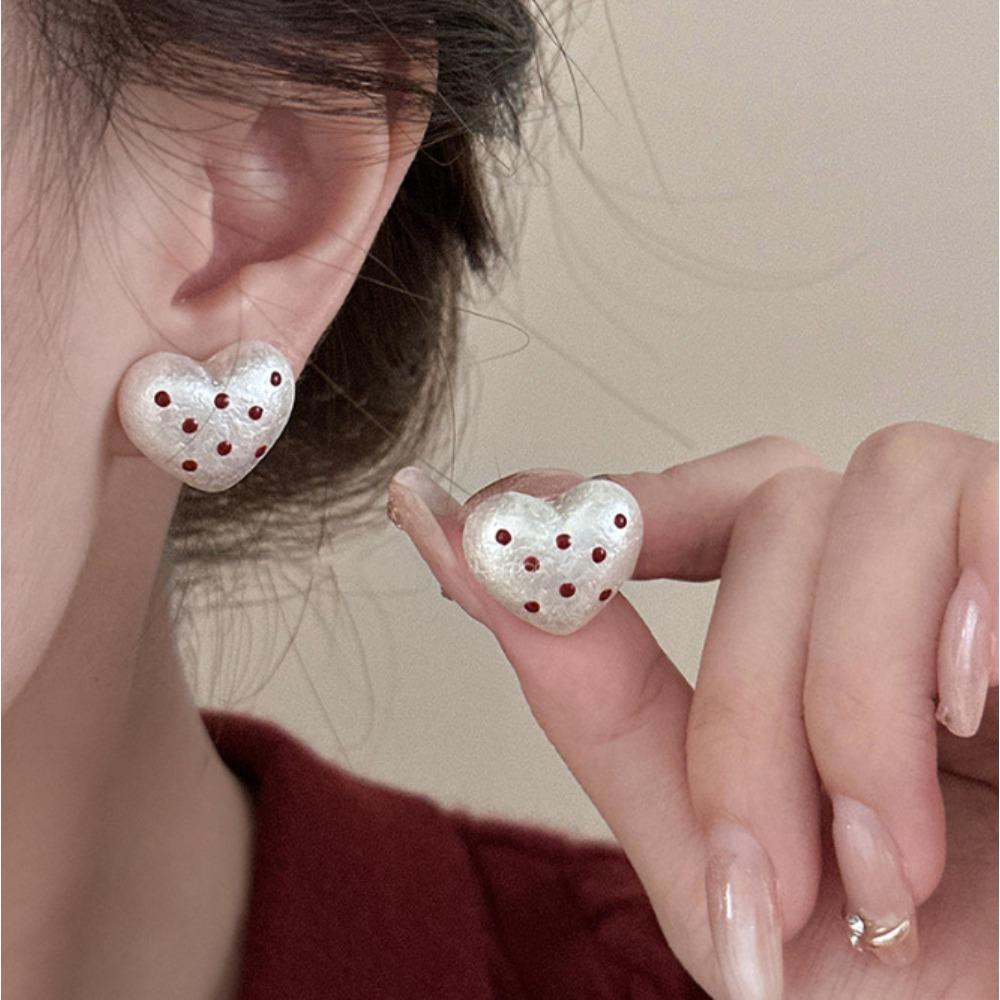 French Style Temperament Sweet Heart-shaped with White Red Polka Dot for Women Lady Elegant Earrings Daily Wedding Jewelry Gifts