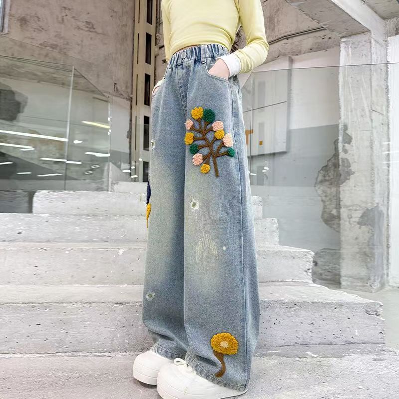 

Девочки Джинсы Весенне-осенние стили Детские Модные Весенние Свободные Брюки Брюки с широкими штанинами 160