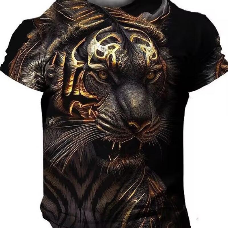 Men s Black 3D Tiger Print T Shirt Golden Stripe Graphic Short Sleeve Tee S