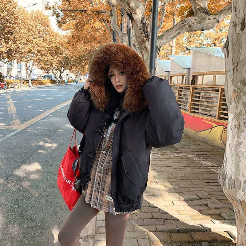 

Winter big fur collar hooded down cotton-padded jacket women s design sense thickened simple cotton-padded jacket S чорний