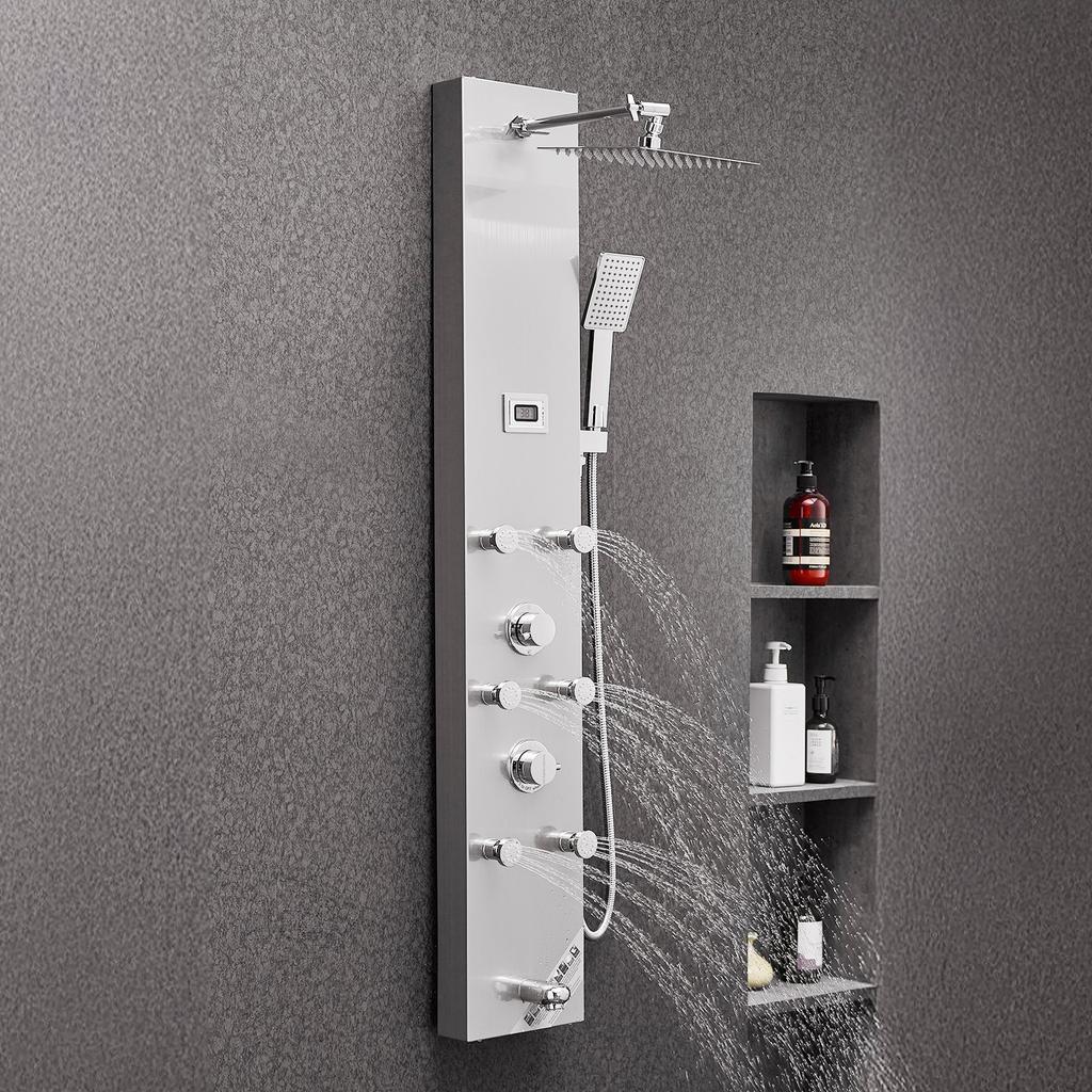 VEVOR Shower Panel Tower System with Rainfall Shower Head, LED, 49 in Brushed Stainless Steel Shower Column, 4-Function Faucet