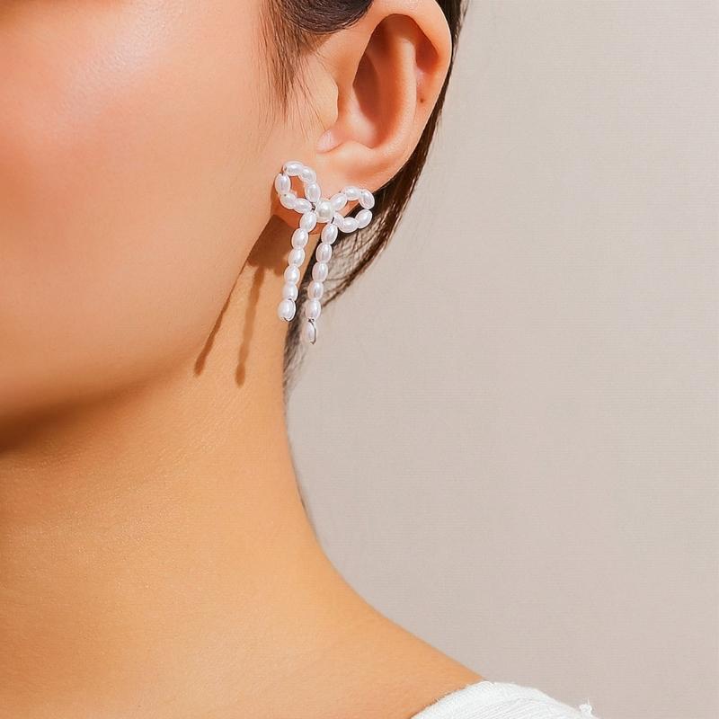 1 Paar Modische Schleifenohrstecker Eleganter Ohrschmuck Imitation Perlen Schleifenstecker Ohrringe Perfektes Geschenk für Frauen