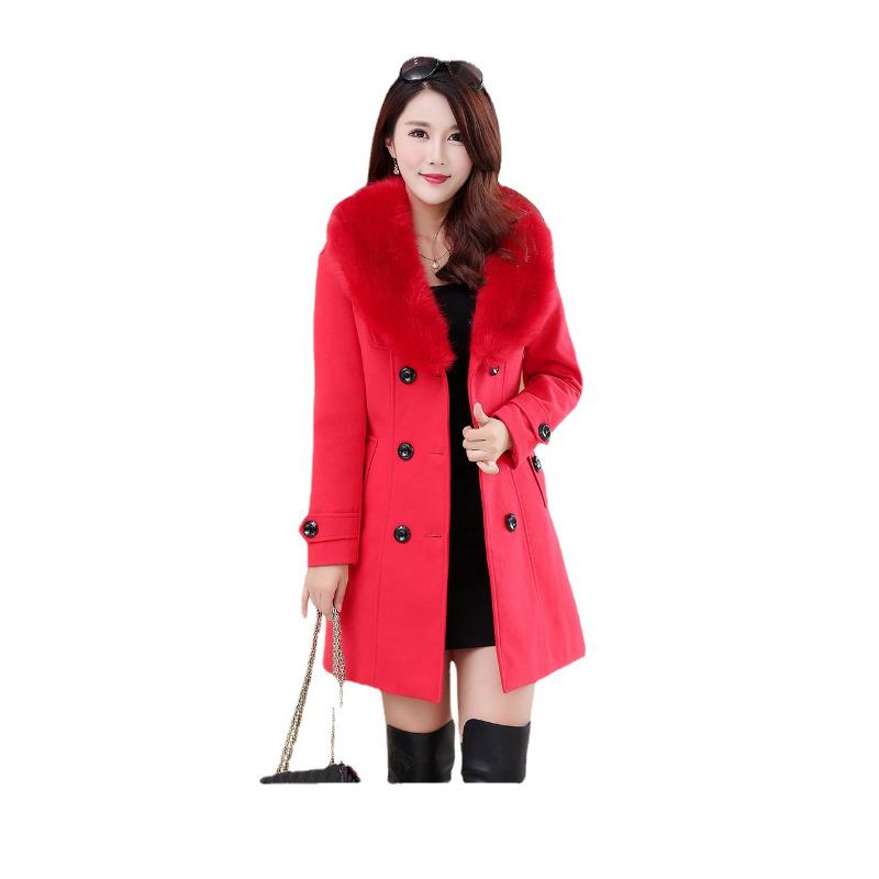 Woolen Fur Collar Women's Coat Korean Version Double-breasted Woolen Coat Medium and Long
