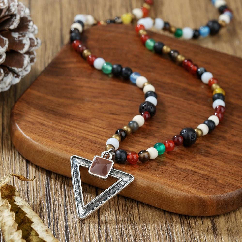 Tribal Pattern Handmade Long Pendant Necklace With Volcano Stone And Glass Beads For Daily Wear