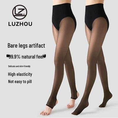 Bare Leg Faux Sheer Velvet High-Waist Shaping Leggings - Black Silk Pantyhose for Autumn/Winter.