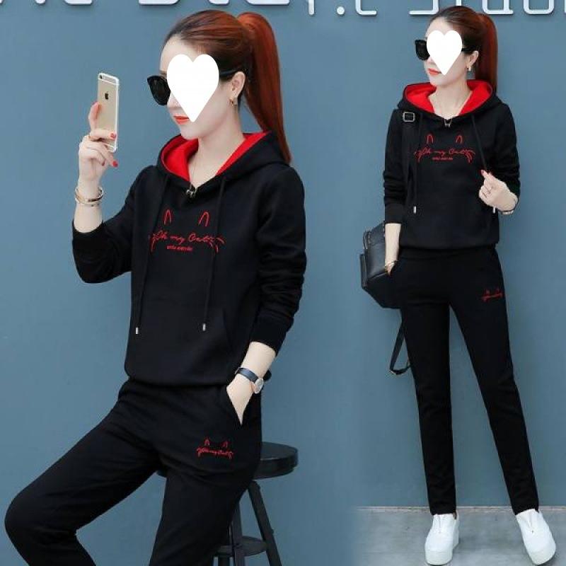 Embroidered Hooded Autumn Casual Sports Suit for Women Korean Style Loose Long-sleeved Student Two-piece Set