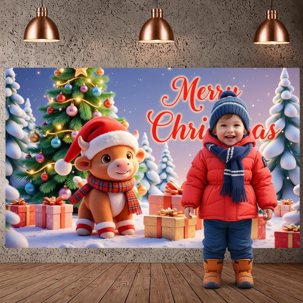 Xmas Backdrop Gift Box Decor Winter Celebration Banner Santa Cow Banner Red & Green Holiday Background For Christmas Party Home