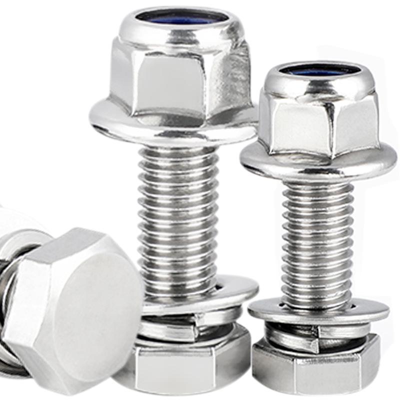 304 Stainless Steel Hex Bolt & Nut Set with Nylon Flange Nut and Washer Combo