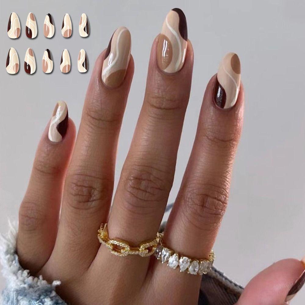 

24pcs Nail Tips Press on Nails Colorful Full Cover Wavy French Fake Nails Long Almond