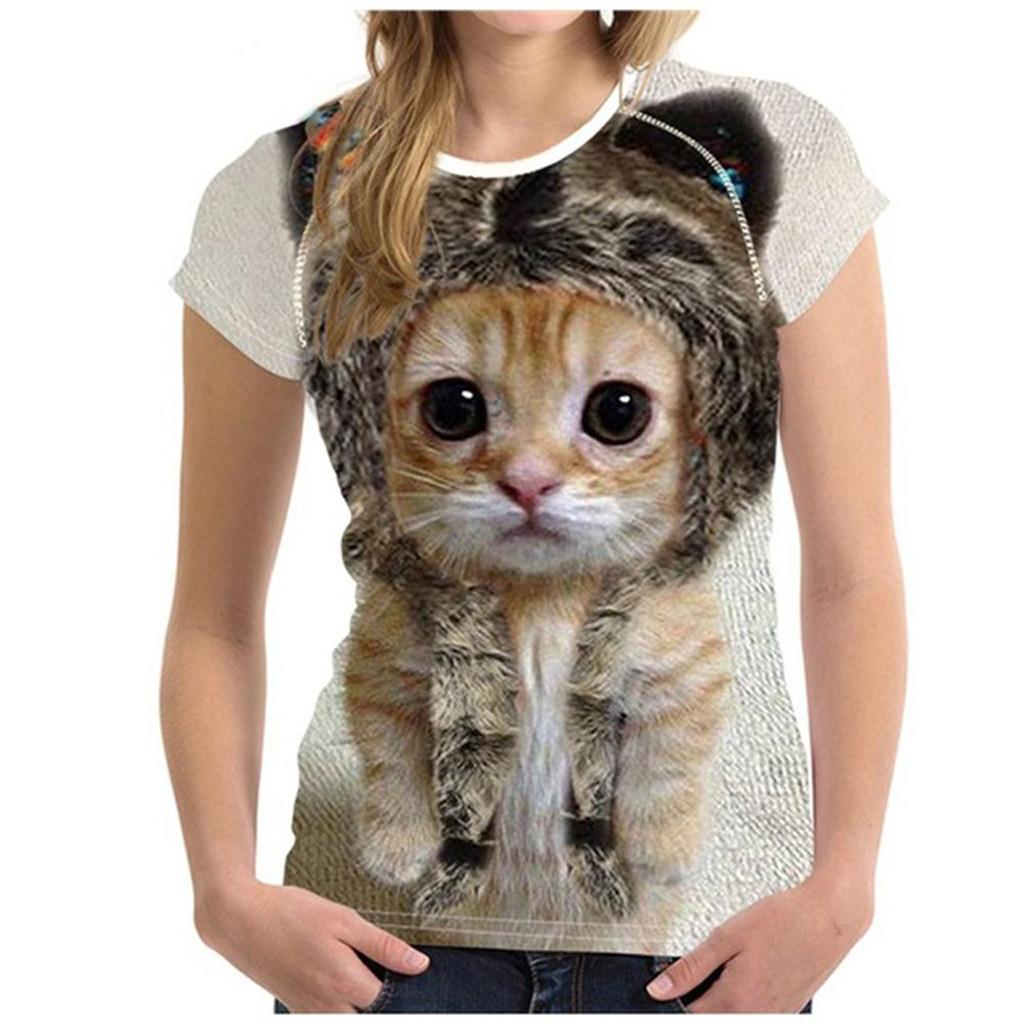 Womens  Fashion 3D Cat Print Casual T-Shirt Summer Short Sleeve  T Shirts