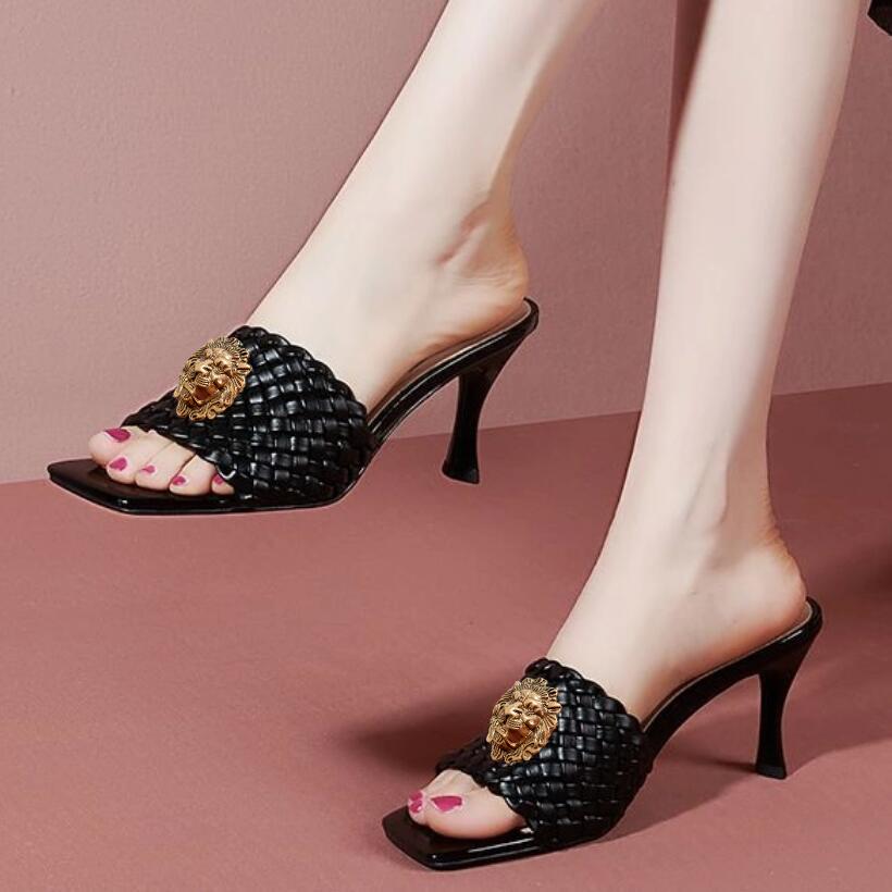 Fashion Top-grain cowhide high-end and elegant casual square toe thin heel one-line slippers, Roman woven flip-flops