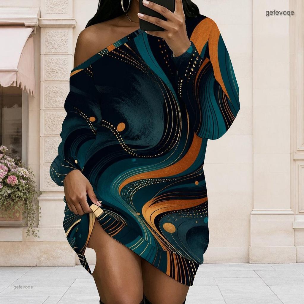 Women Plus Size One Shoulder Long Sleeve Galaxy Print Loose Tunic Dress