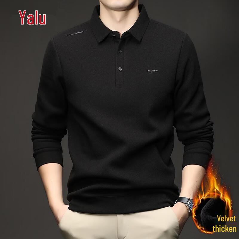 Yalu Men's Fleece-Lined Silk-Wool Blend Long-Sleeve Polo Shirt