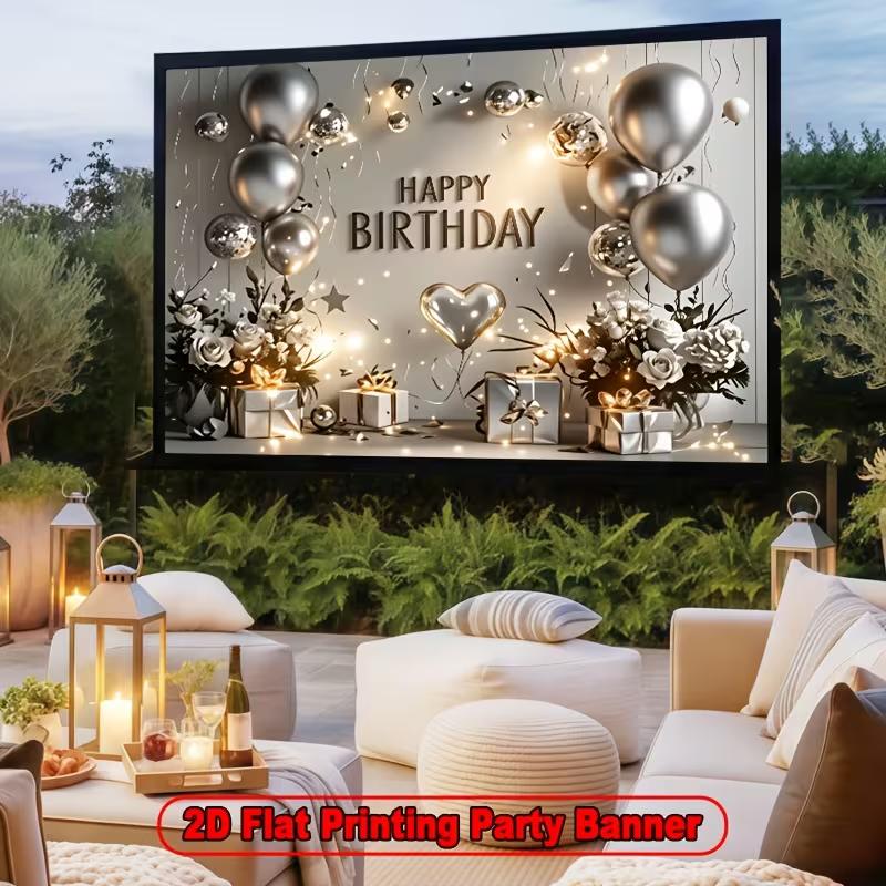 2D Happy Birthday Backdrop Silver Balloon White Rose Gift Box Bokeh Glow Photo Banner