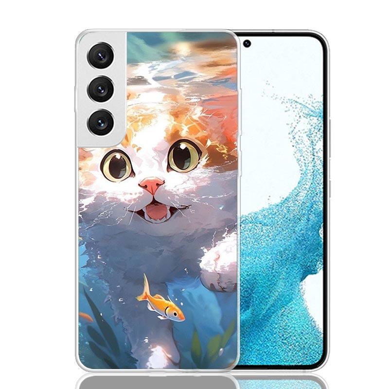 Cartoon Cute Cat Fish Aesthetic Phone Case For Samsung Galaxy S26 S25 Edge S24 S23 FE S22 Ultra S21 Plus S20 + Fundas Cover Coqu