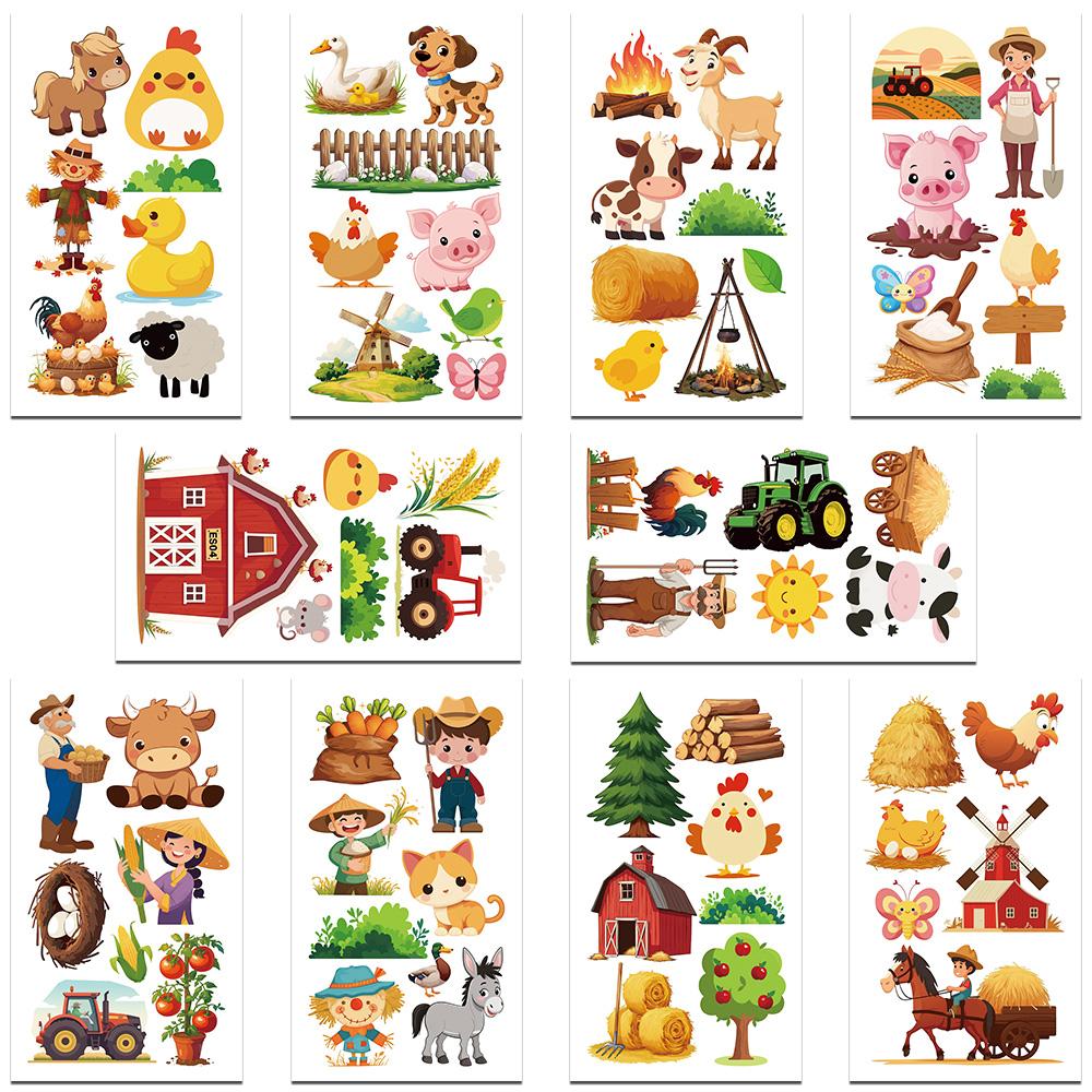 

10 листов забавных наклеек с изображением животных на ферме для рук, тела, рук, временные поддельные водонепроницаемые наклейки для татуировок для детей, креативные подарки