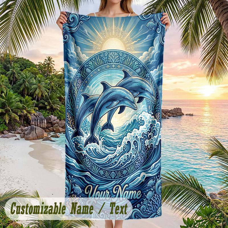 Oceanic Shell Paradise Theme Quick Dry Beach Towel Custom Name Text Print Large Sand Resistant Towel Beach Vacation