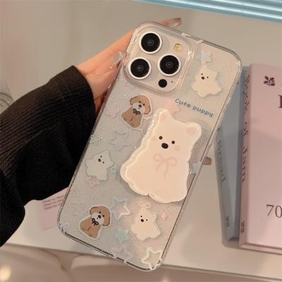 Applicable To Apple 15 Mobile Phone Case 16 Flash Powder Ins Korean Style Dog Stand Iphone13pro Max11 Transparent