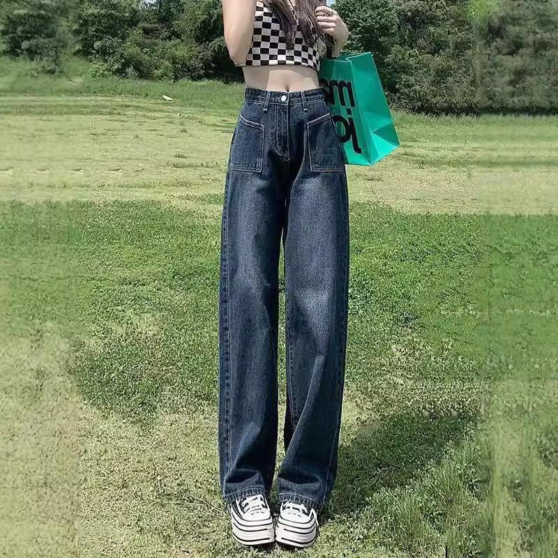 Women's High Waist Wide Leg Jeans Loose Fit Streetwear Vintage Washed Straight Leg Denim Pants