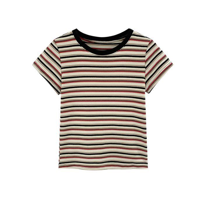 Women Casual Striped Slim Fit T Shirt Short Sleeve Tee with Round Neck Straight Shoulder Bottoming Tops