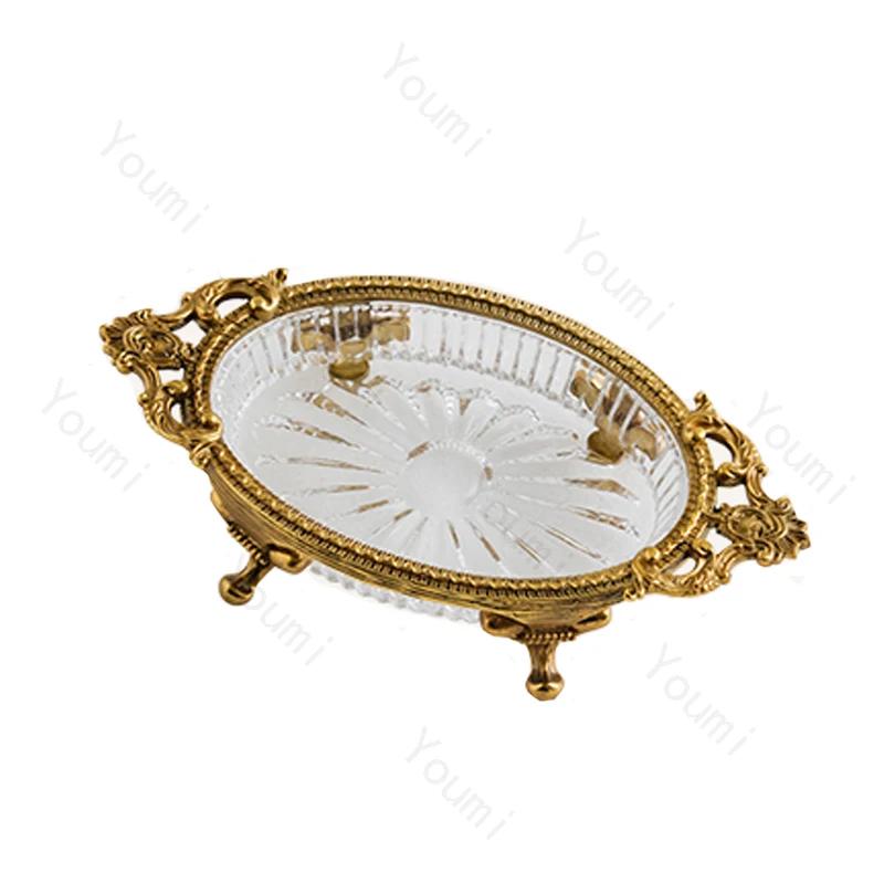 Bandejas de Vidro de Latão de Luxo Leve Escultura de Palácio Francês Brincos Bandeja de Armazenamento de Joias Organização de Entrada de Casa Bandeja Decorativa