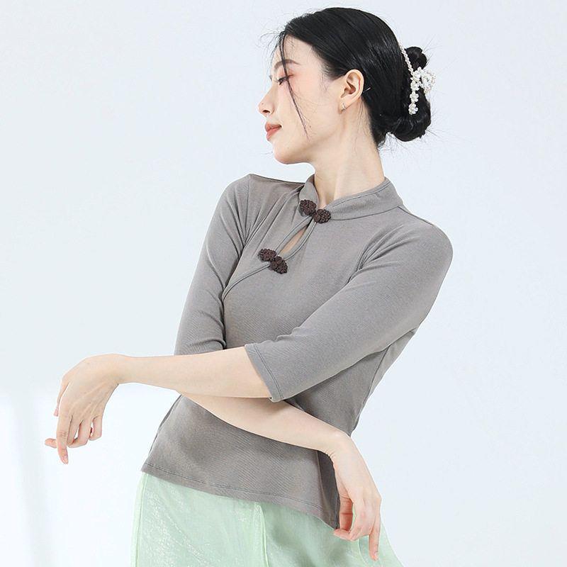 Fashionable Mandarin Collar Mid-Sleeve Dance Top with Frog Button Detail Medium серый