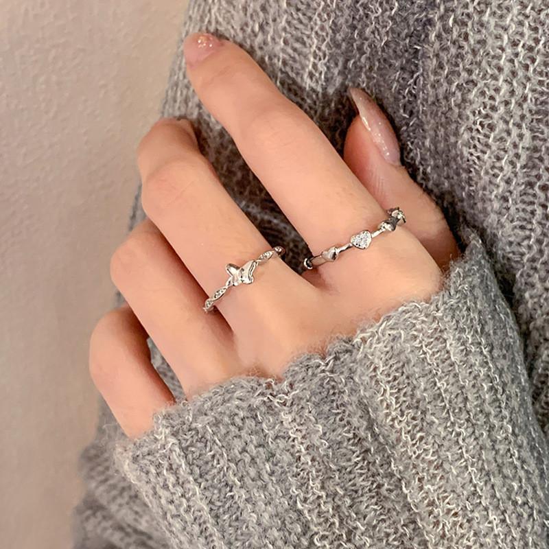 Elegant Silver Adjustable Open Ring For Women With Unique Insect And Heart Design