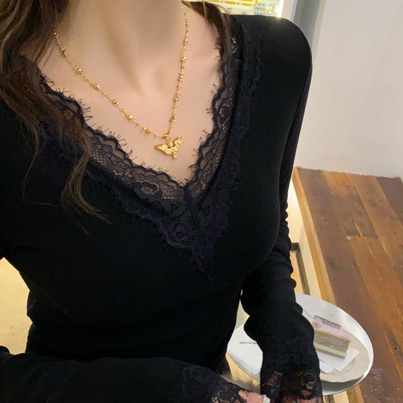 

Женская рубашка с V-образным вырезом из кружева и матового бархата для ношения осенью и зимой, новые высококачественные узкие утолщенные топы M