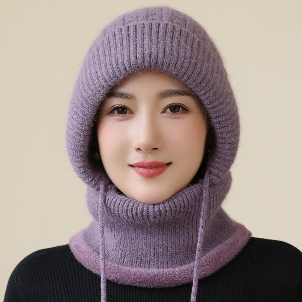 New Style Winter Women Keep Warm Knitted Hat Neck Protection Beanie Cap Fur Lined Warm Hats For Women Windproof Balaclava Cap