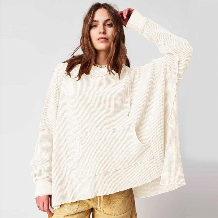 

Women s Casual Loose Hoodie Long Sleeve Waffle Jacket Solid Color Sweatshirt XL белый