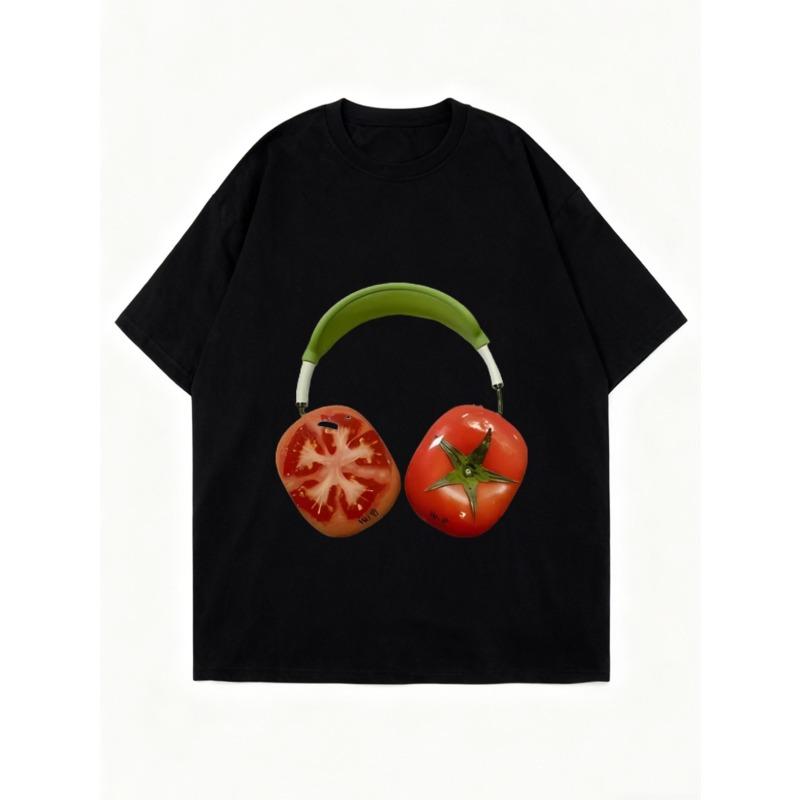 Oversized T Shirt Black Tomato Headphones Print Casual Wear for Women Summer Streetwear Fashion Trendy Graphic Tee