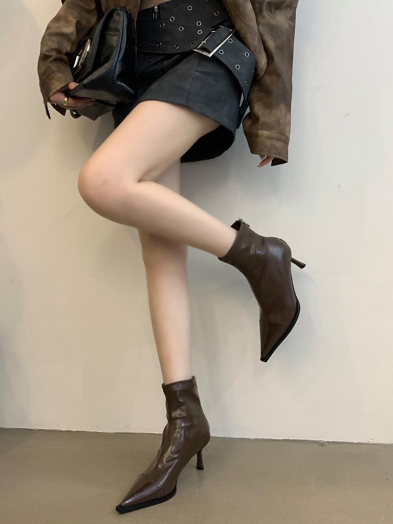 Fashion Black Silver Brown Women Ankle Boots Pointed Toe Short Sock Booties Thin High Heels Back Zipper Solid Color Fashion Dress Shoes